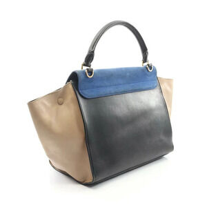 Celine Leather Black Handbag Blue Suede Trapeze Beige